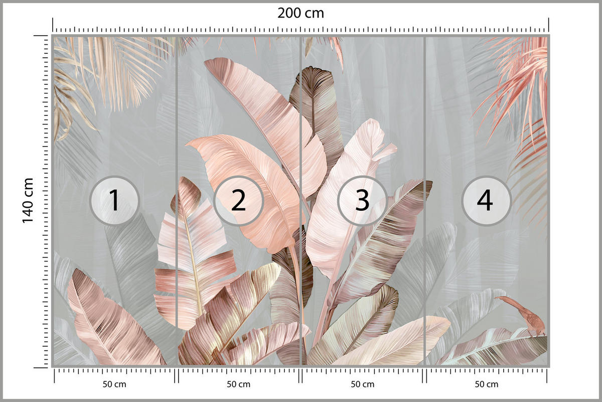 FOTOTAPETE für Esszimmer Tropische Pastell Bananenblätter 200x140 - Beige/Rosa, Papier (200/140cm) - Muralo