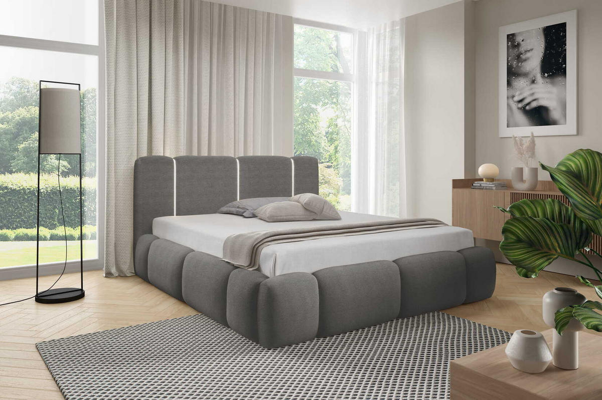 DOPPELBETT 180x200 Avelin mit Bettkasten, LED, Bouclé, Grau - Grau, Holz/Metall (180/200cm) - Emporius