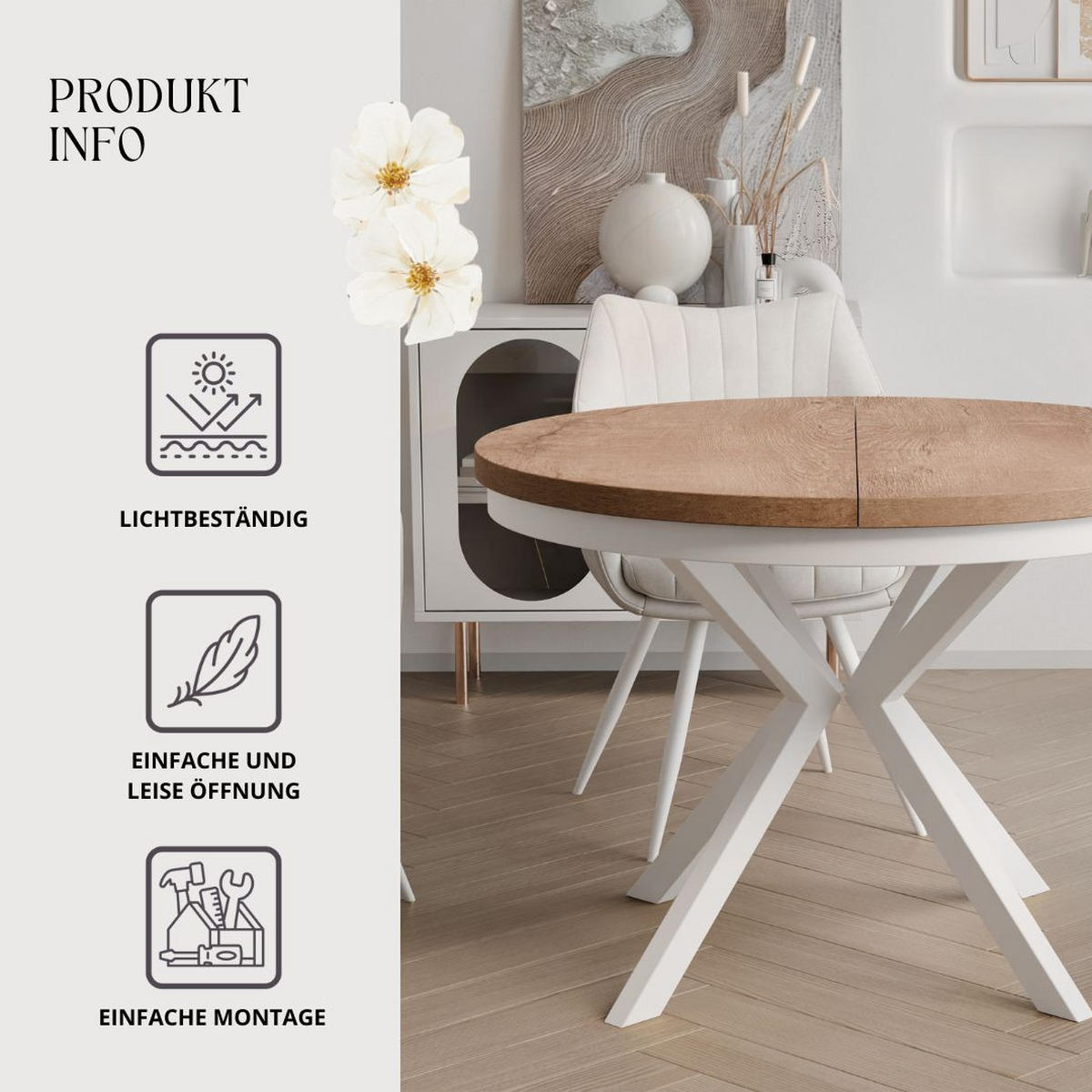 AUSZIEHTISCH MILTON 120-196/76 cm mit Metallgestell, Weiß / Lefkas-Eiche - Eichefarben/Weiß, Holzwerkstoff/Metall (120/120/76cm) - Idohome