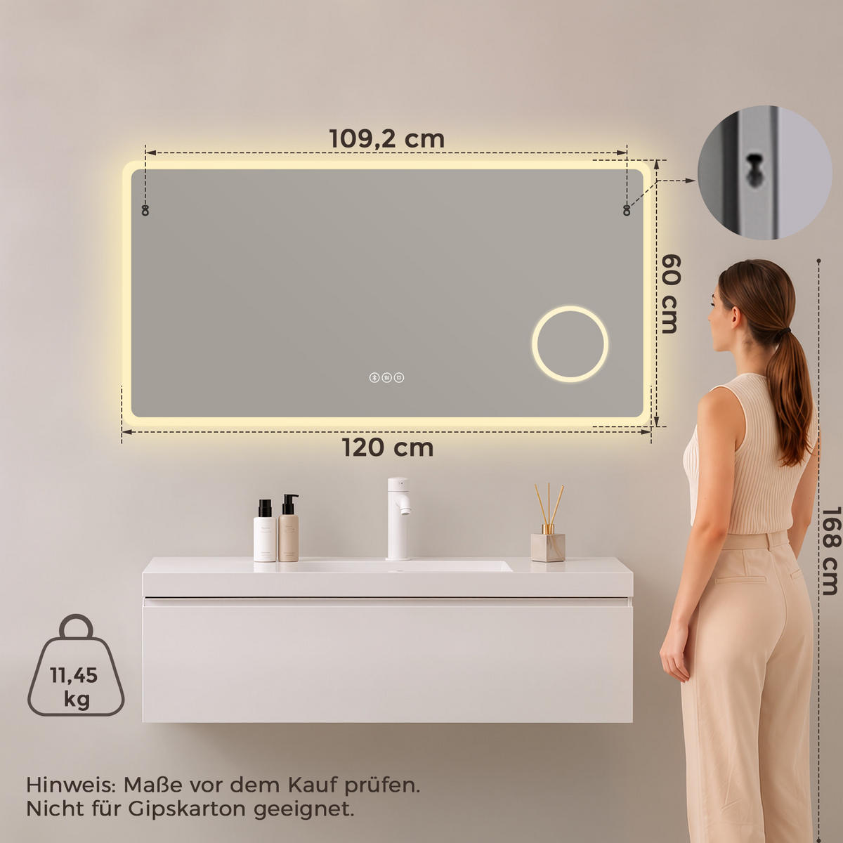 BADSPIEGEL mit Beleuchtung 60/120 cm rechteckig LED, Bluetooth, Vergrößerungsspiegel, Antibeschlag - Transparent, Glas (120/60/3.5cm) - S'AFIELINA
