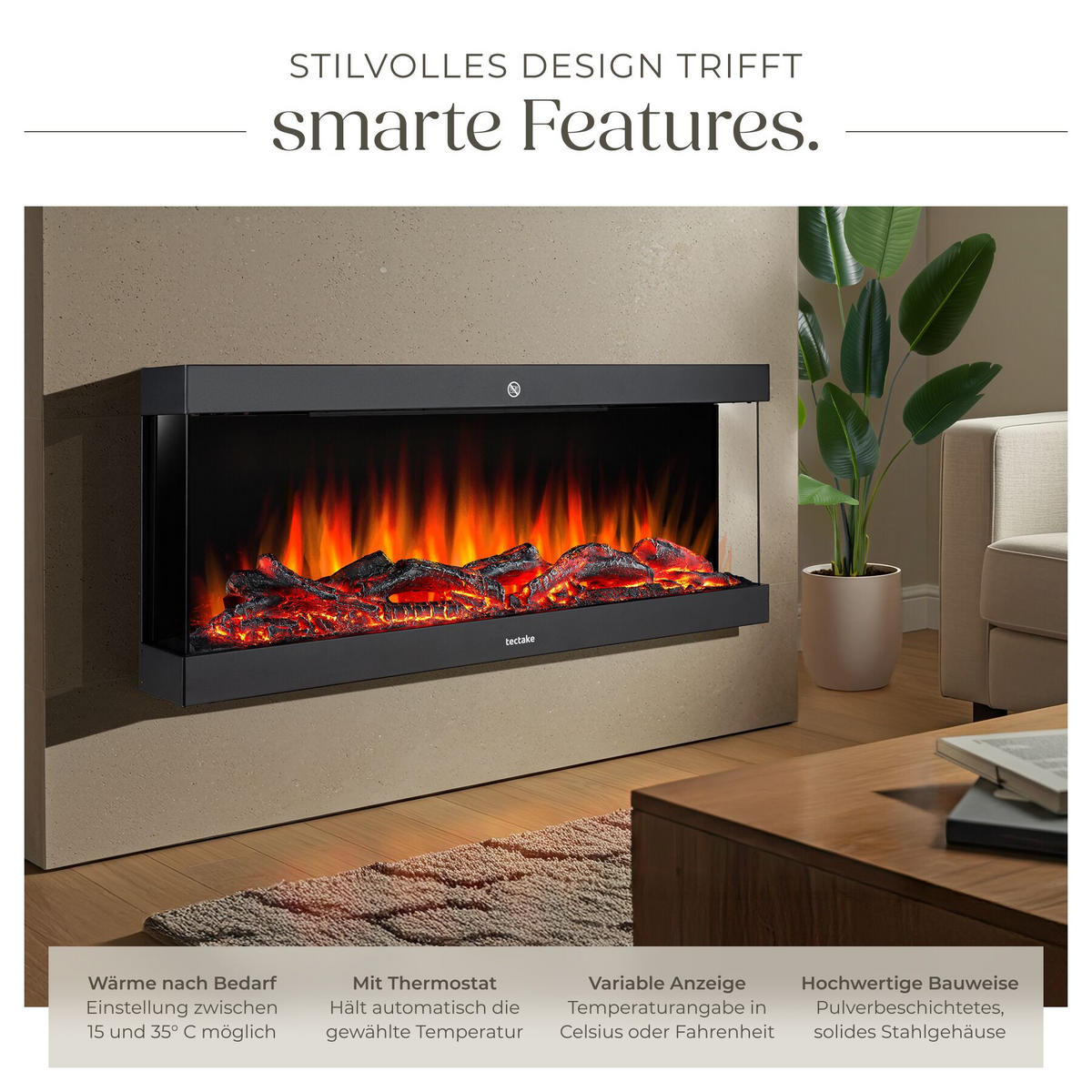 ELEKTRO-WANDKAMIN Luciano,mit Fernbedienung und App-Steuerung, integriertes Thermostat,schwarz - Schwarz, Metall (91.4/38/24.5cm) - tectake