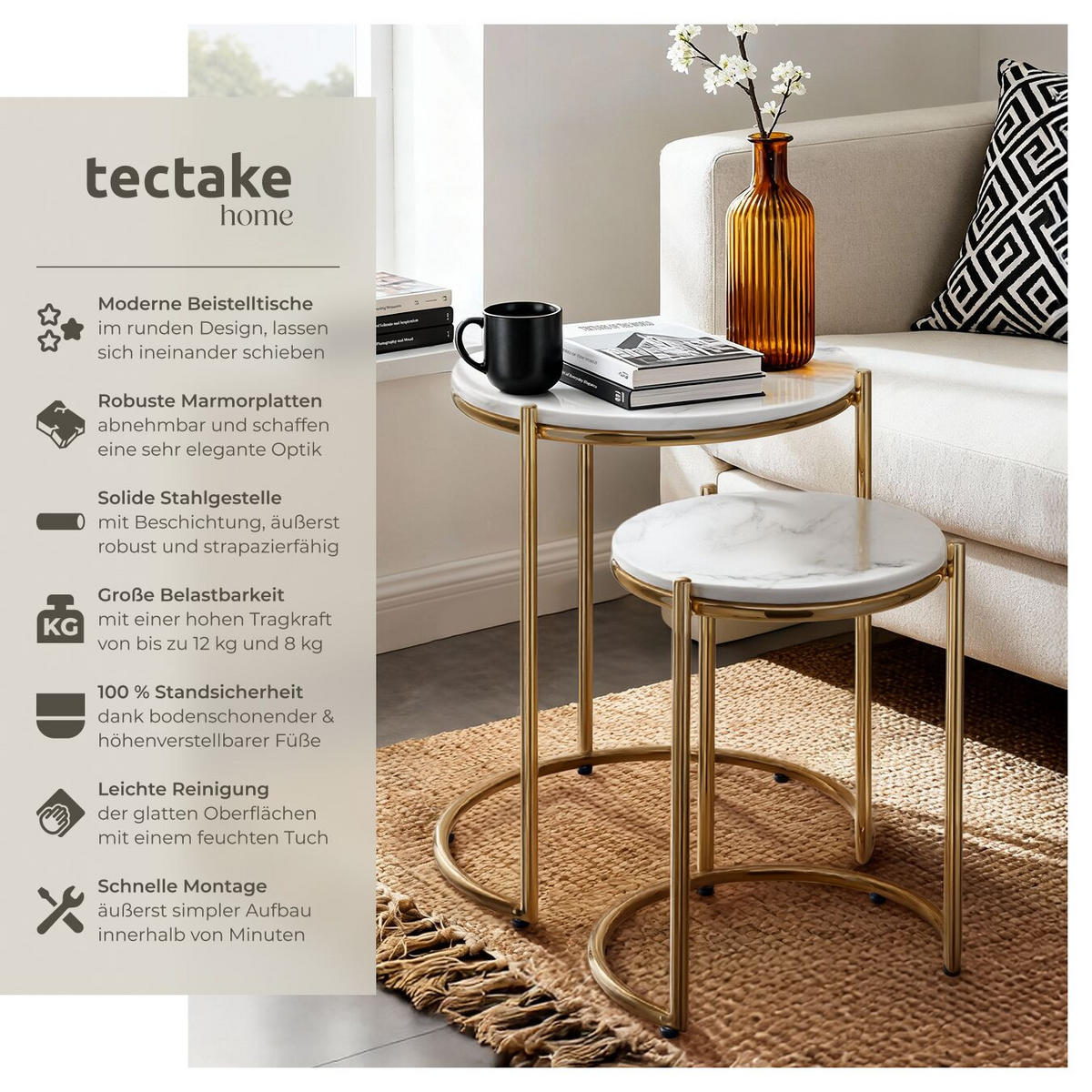 BEISTELLTISCH Ellsa,ineinander schiebbar,weiß/gold - Goldfarben/Weiß, Stein (43/43/50.5cm) - tectake