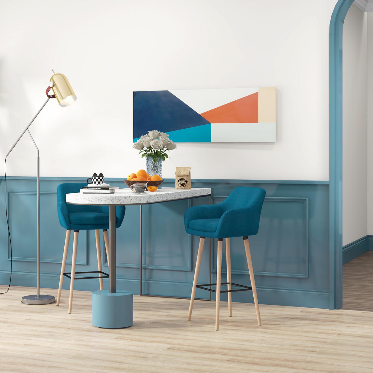 BARHOCKER 2er-Set DE-14702 mit Armlehnen Blau - Blau, Holzwerkstoff (48/100/55cm) - ComfortXL