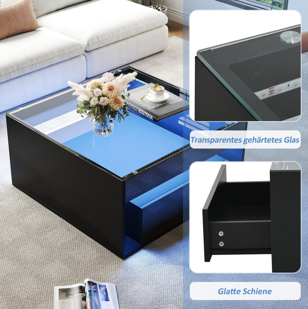COUCHTISCH aus MDF und Glas 70x70x35 cm Schwarz mit 2 Schubladen und LED-Beleuchtung - Schwarz, Holzwerkstoff (70/70/35cm) - IVMEU