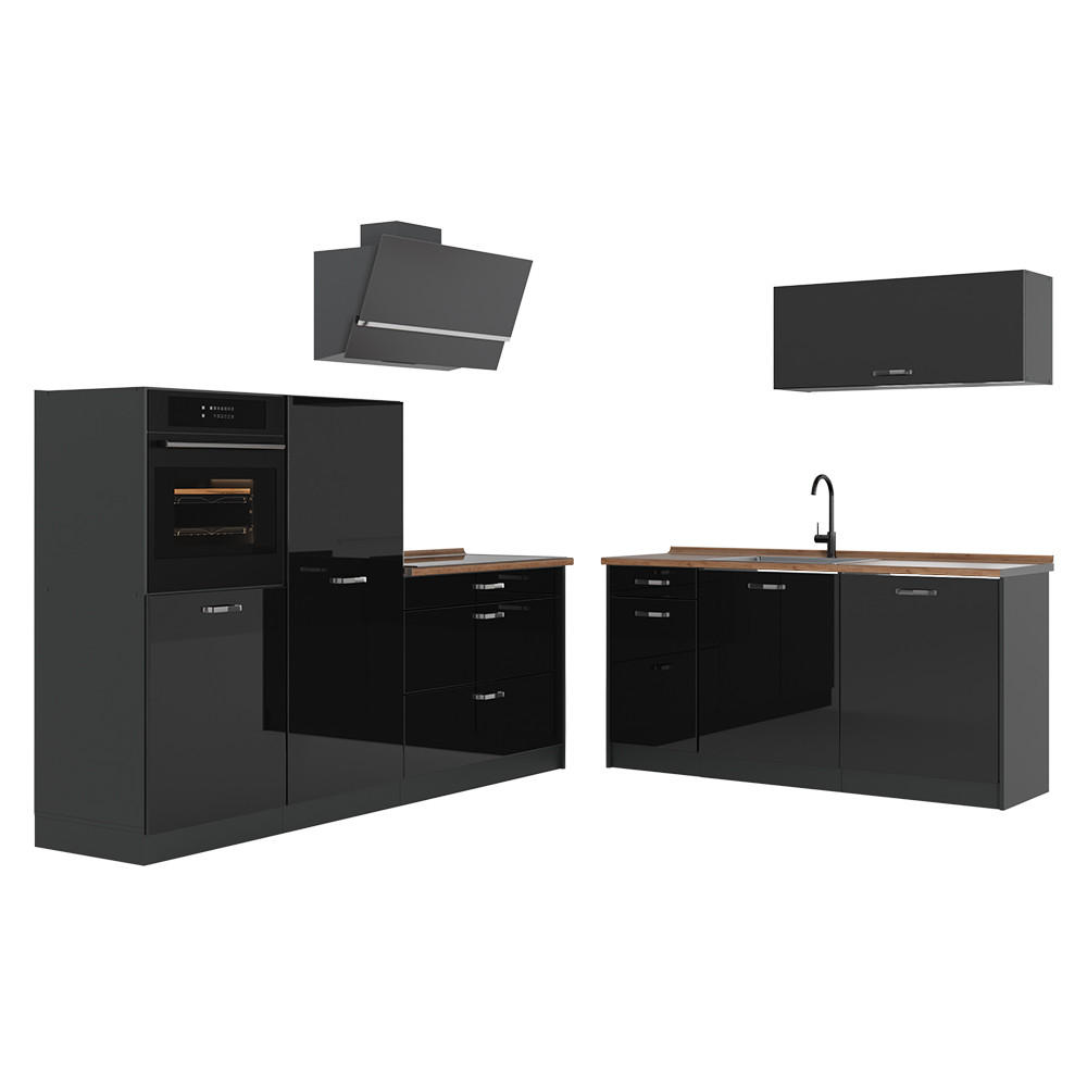 Vicco Küchenzeile Schwarz Hochglanz, Anthrazit 220x143x60 cm