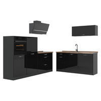 KÜCHENZEILE R-Line, Schwarz Hochglanz/Anthrazit, 220 cm Arbeitsplatte Goldkraft Eiche - Schwarz Hochglanz/Anthrazit, Holzwerkstoff (220/143/60cm) - Vicco