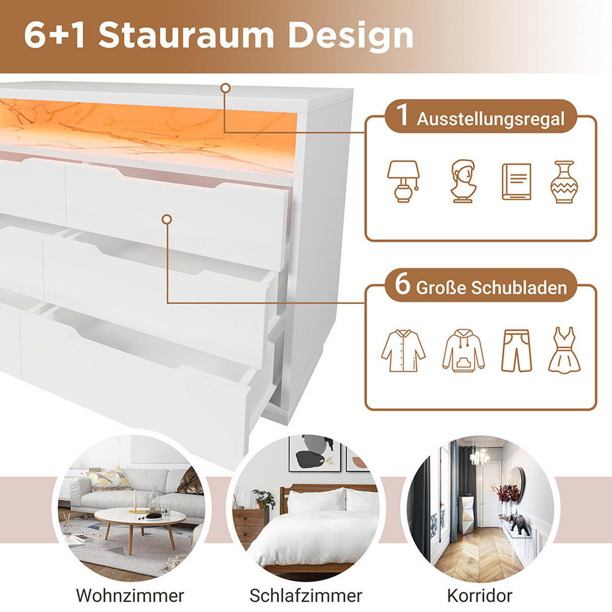KOMMODE mit LED-Beleuchtung und 6 Schubladen，Weiß - Weiß, Holzwerkstoff (40/85/120cm) - KOMHTOM