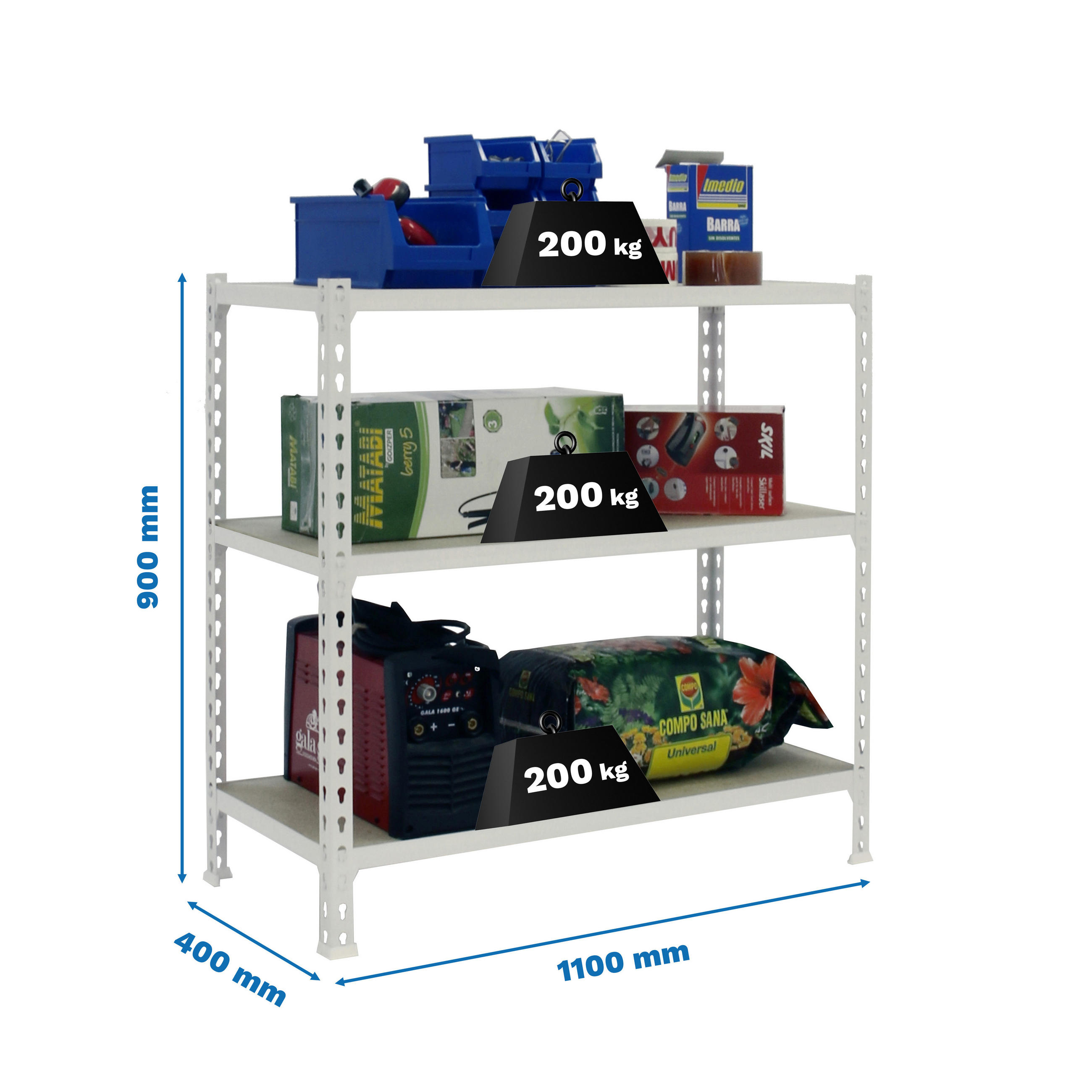 SCHWERLASTREGAL Baby Muli HxBxT 90 x 110 x 40 cm 3 Fachböden Fachlast 200 kg Weiß - Weiß, Metall (110/90/40cm) - PROREGAL