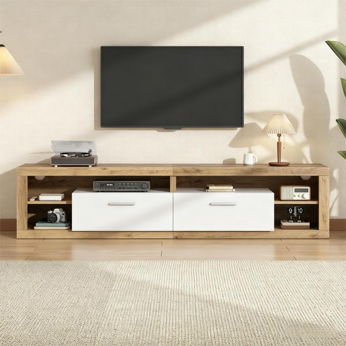 LOWBOARD in Naturfarben und Weiß mit LED und 2 Schubladen für Wohnzimmer, B180/T35.5/H50 cm - Naturfarben, Holzwerkstoff (180/50/35.5cm) - STILVORA