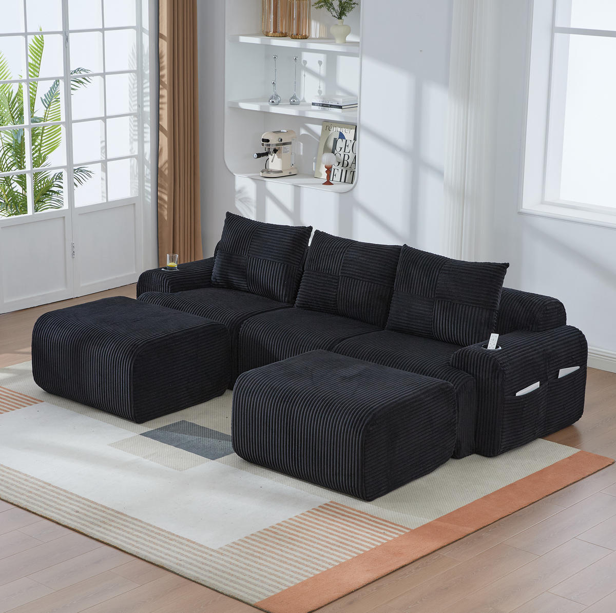 3-SITZER Wohnlandschaft Cord mit Getränkehalter und Aufbewahrungstasche 268/174/80 cm Schwarz - Schwarz, Textil (174/80/268cm) - Redom