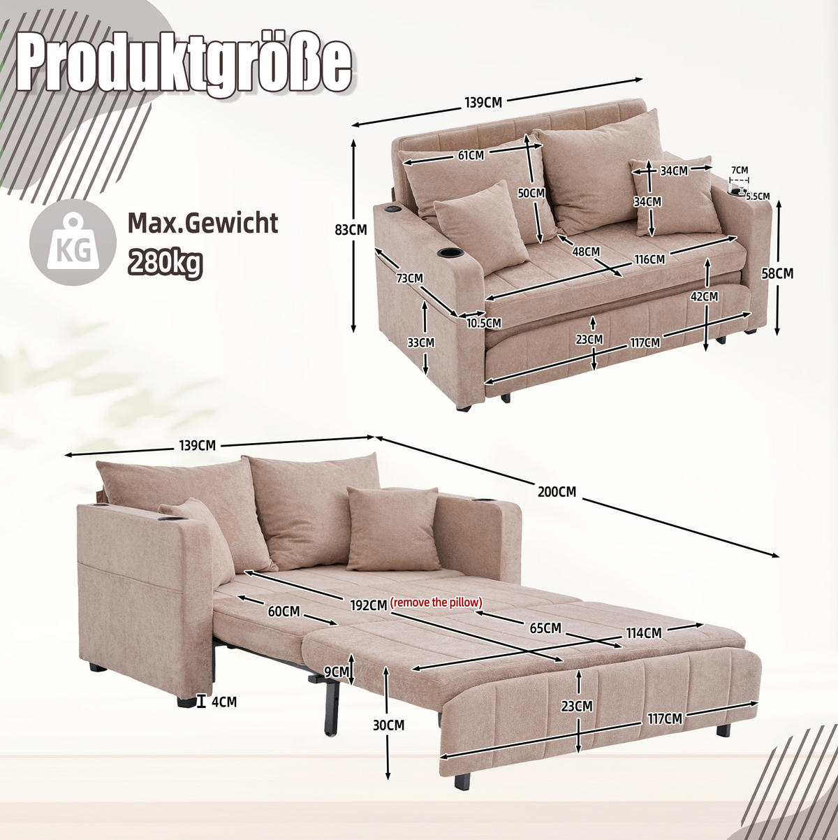 SCHLAFSOFA ausziehbar ca. 139 x 83 x 58 cm Chenille Khaki - Braun, Holzwerkstoff (139/83/73cm) - Meubliv