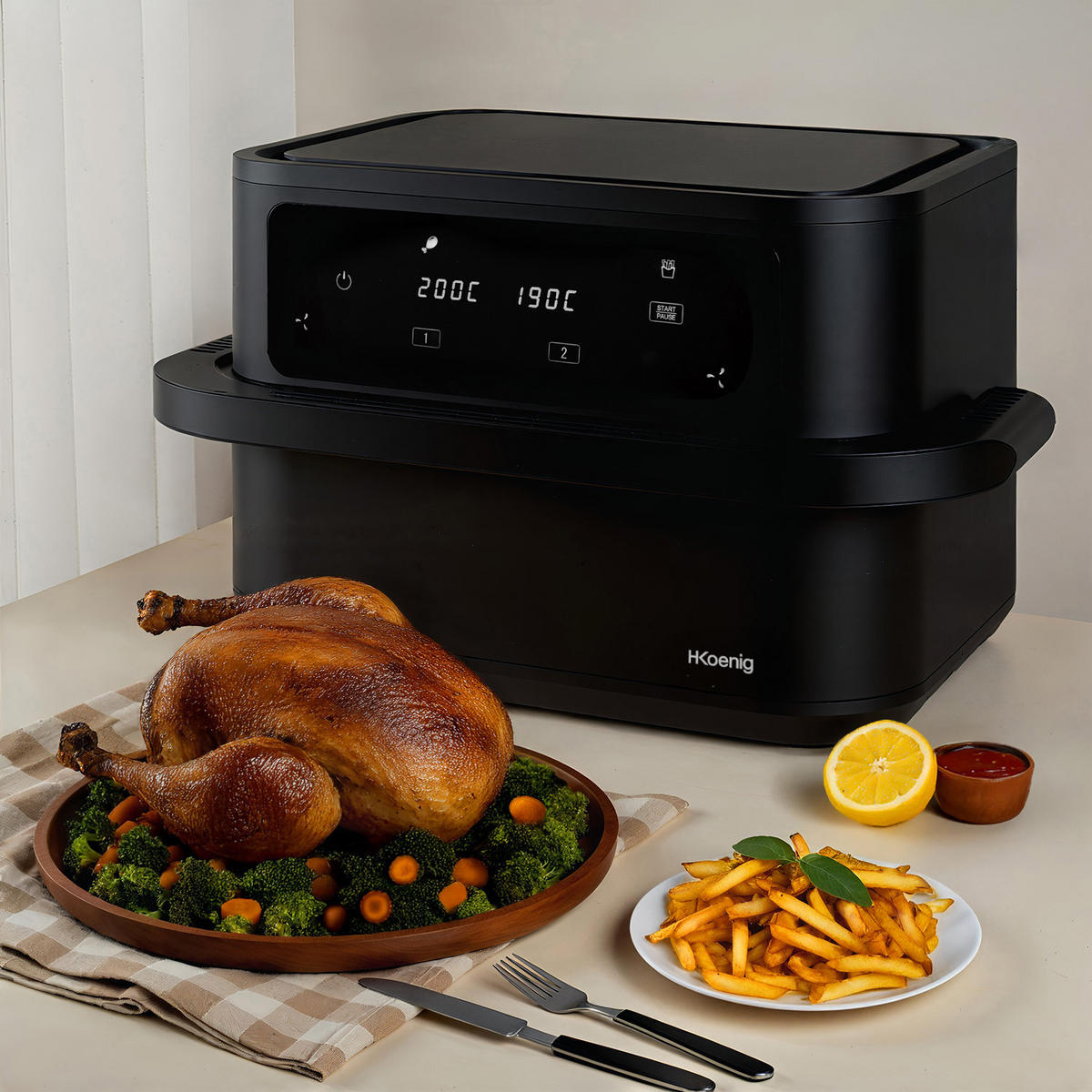 AIRFRYER XXL FRY960, Schwarz, Fritteuse ohne Öl, 2 Becken, Kapazität 10L - Schwarz, Metall (46/30/37cm) - HKoenig