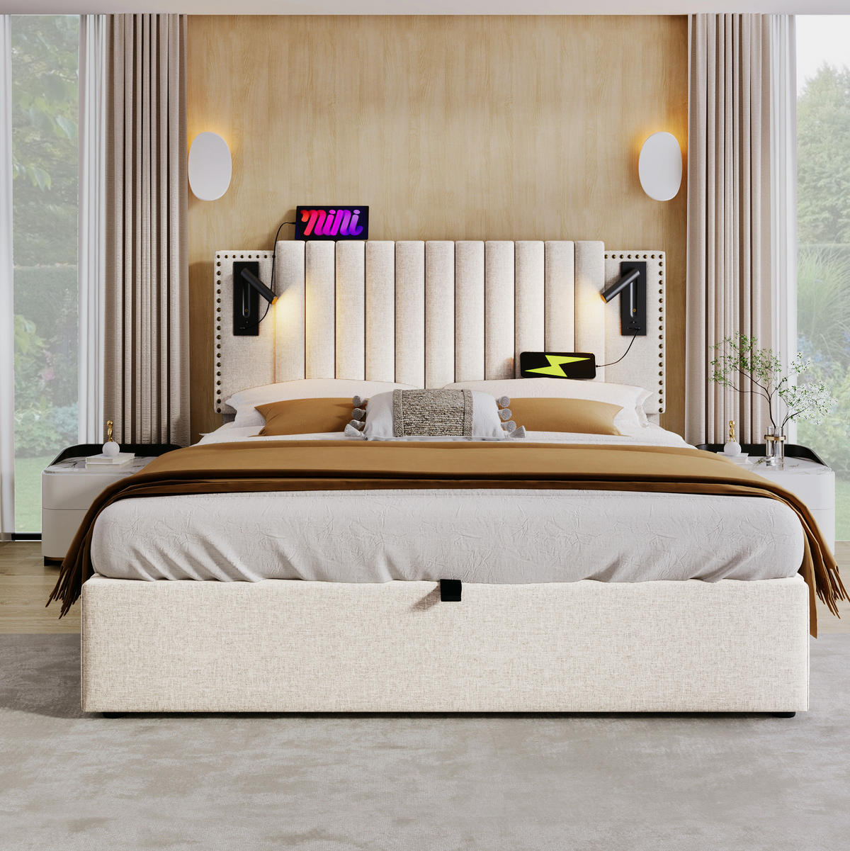 POLSTERBETT aus Baumwolle 180x200 cm in Beige mit Bettkasten, USB-C & Leselicht - Beige, Textil (180/200cm) - Modfu