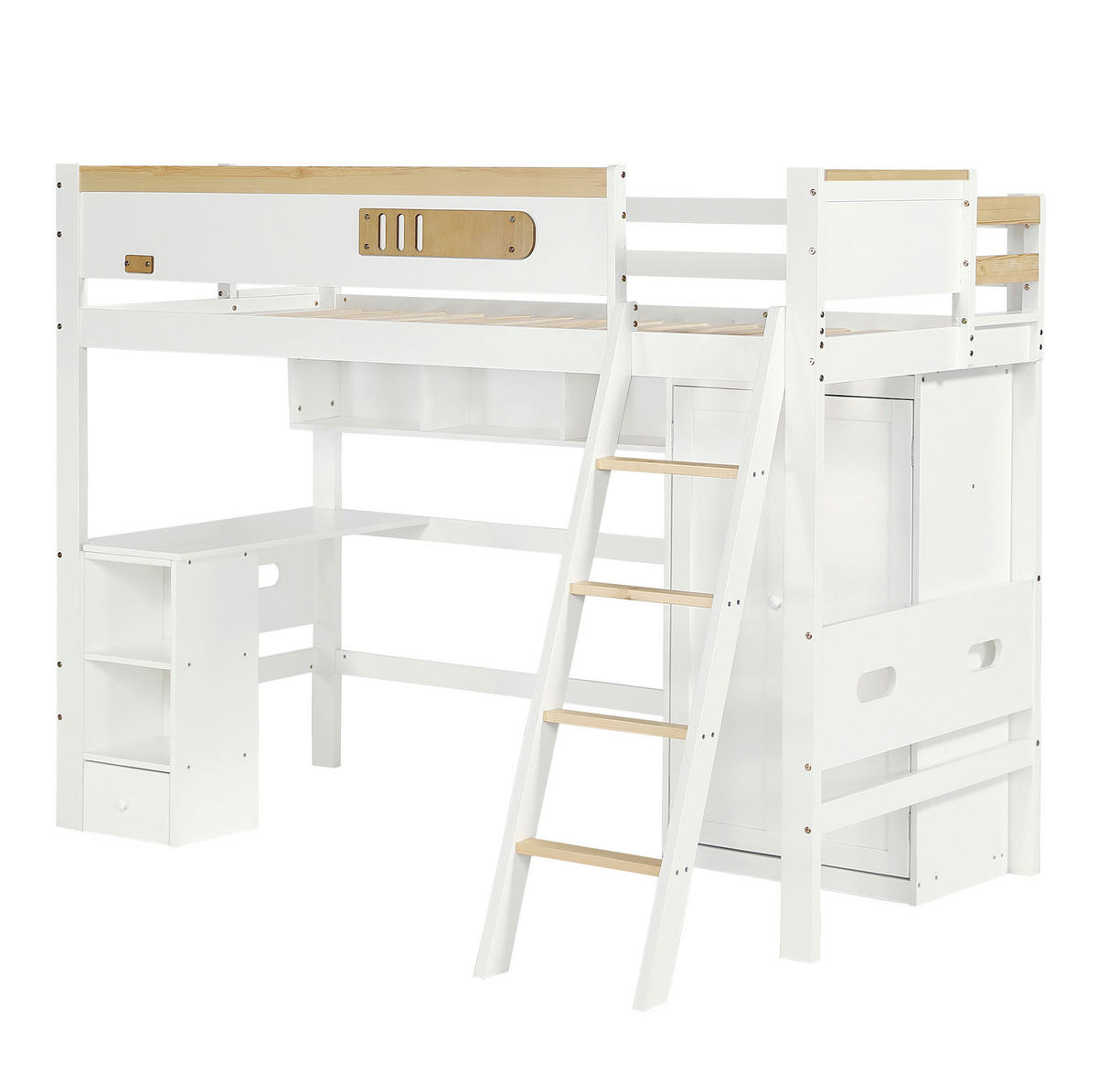 HOCHBETT 90/200 cm in Weiß/Natur mit Schreibtisch und Kleiderschrank - Weiß, Holz (90/200cm) - Flora Grace