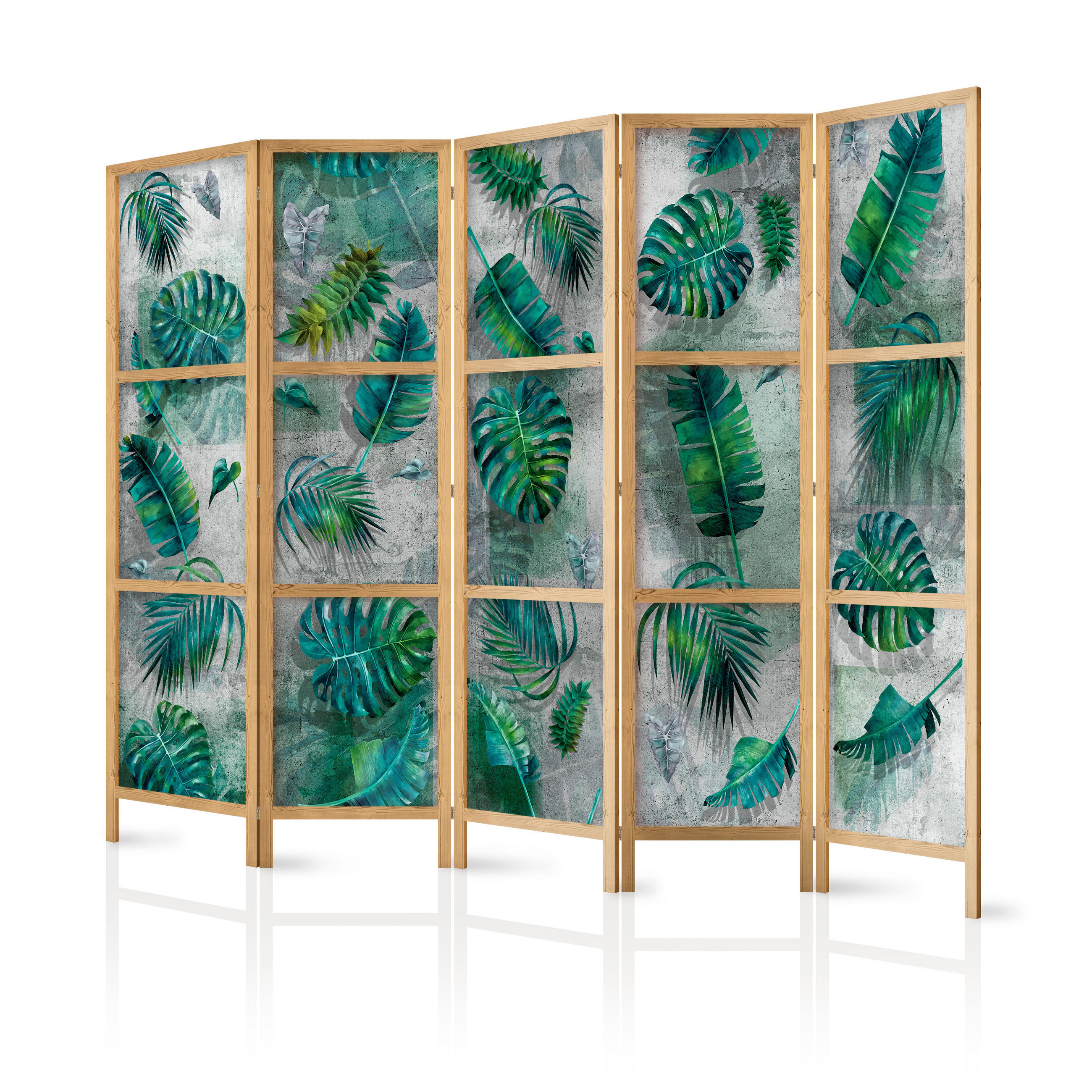 PARAVENT Japanischer 5-tlg 225x172 cm Tropische Bl tter - Grün, Holz/Textil (225/172/3cm) - Muralo