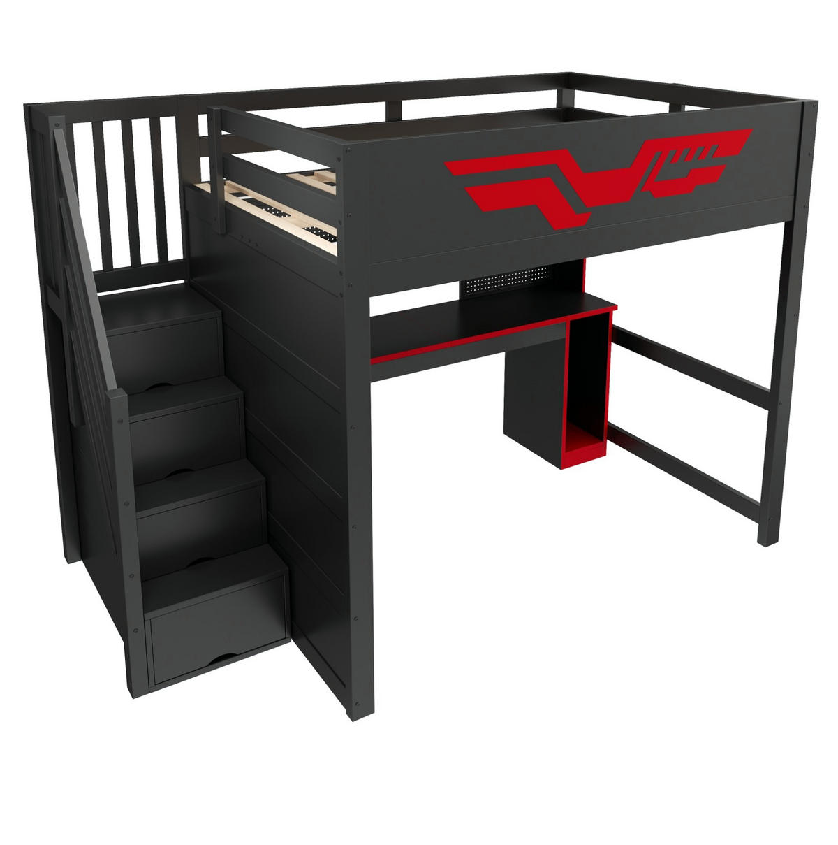 GAMING-HOCHBETT MDF & Sperrholz 140x200 cm Schwarz/Rot mit Schreibtisch, Stauraumtreppe, LED und USB - Schwarz, Holzwerkstoff (140/200cm) - Modfu