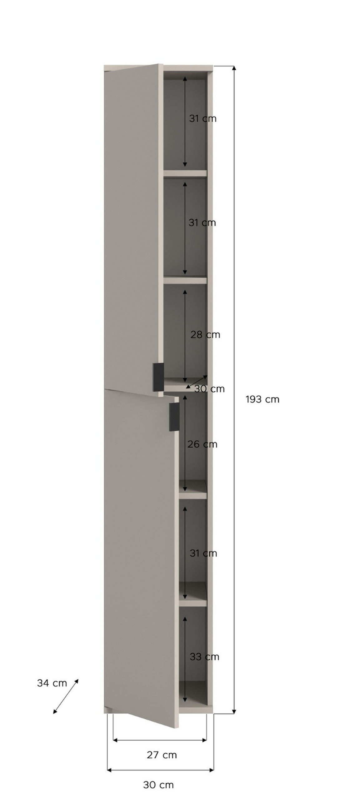 STAURAUMSCHRANK in Kaschmir 30 x 193 cm, Flurschrank mit 6 Fächern - Kaschmir/Schwarz, Holzwerkstoff/Metall (30/193/34cm) - Inn.Furn