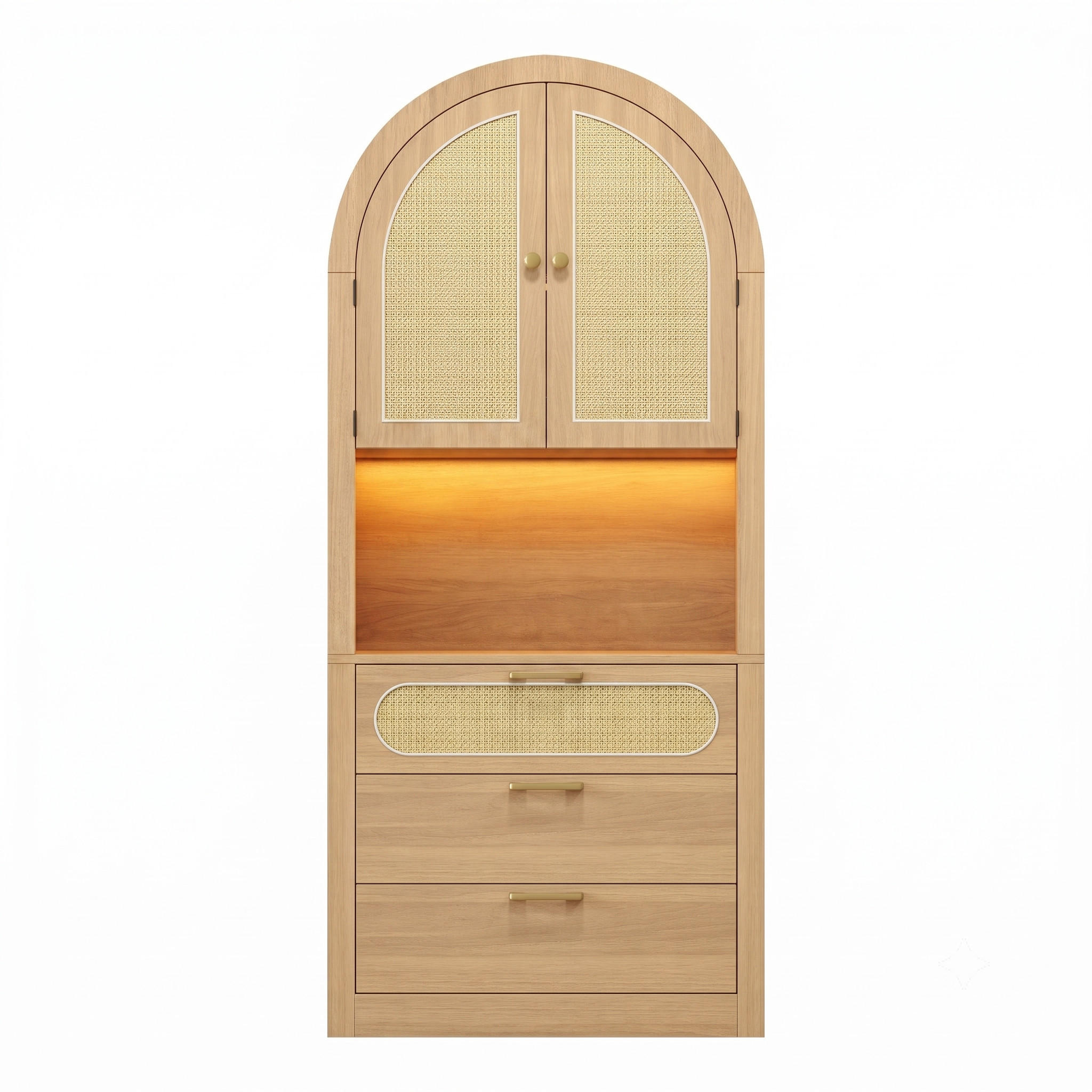 Urban Meuble HIGHBOARD v dekoru světlý dub s ratanovými dvířky, s LED osvětlením a spoustou úložného prostoru
