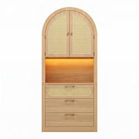HIGHBOARD in heller Eiche-Optik mit Rattantüren, mit LED-Beleuchtung und viel Stauraum - Naturfarben, Holzwerkstoff (80/180/35cm) - Urban Meuble