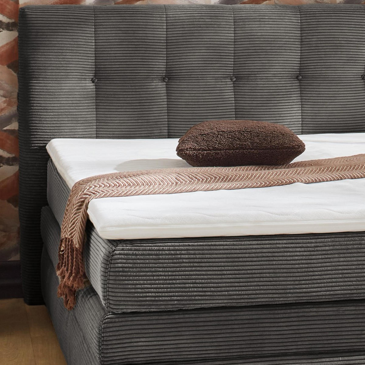 BOXSPRINGBETT 180x200 cm, 7-Zonen-Tonnentaschen-Federkernmatratzen H3, Topper, Bonell-Federkern, 2 Bettkästen, Cord Grau Anthrazit / 20038 - Anthrazit/Schwarz, Kunststoff/Textil (180/200cm) - luma-home