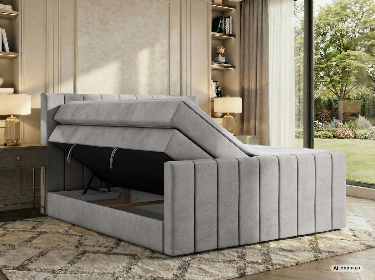 BOXSPRINGBETT ALVER KING DUO 200/200 - Hellgrau Velvet - Topper T25 - H4 - Hellgrau/Schwarz, Kunststoff/Textil (200/200cm) - MKS