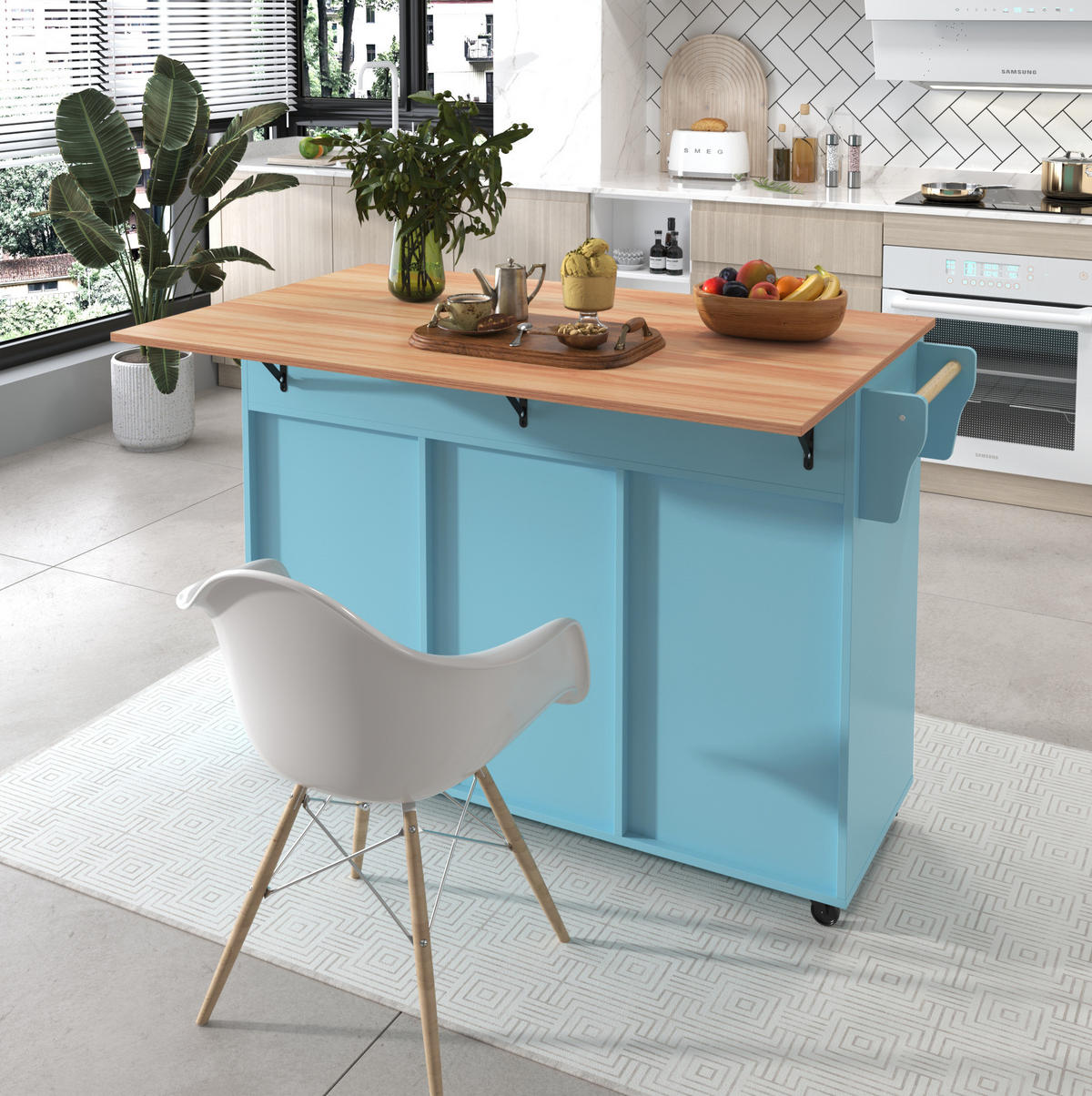 SPEISEWAGEN mit Klappplatte 129 x 71 x 91,5 cm MDF Blau - Blau, Holz (46/91.5/120cm) - Beauniv