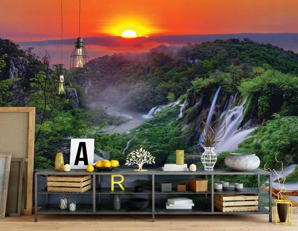 FOTOTAPETE Wasserfall 3D Natur 350x250 - Multicolor, Papier (350/250cm) - Wallarena