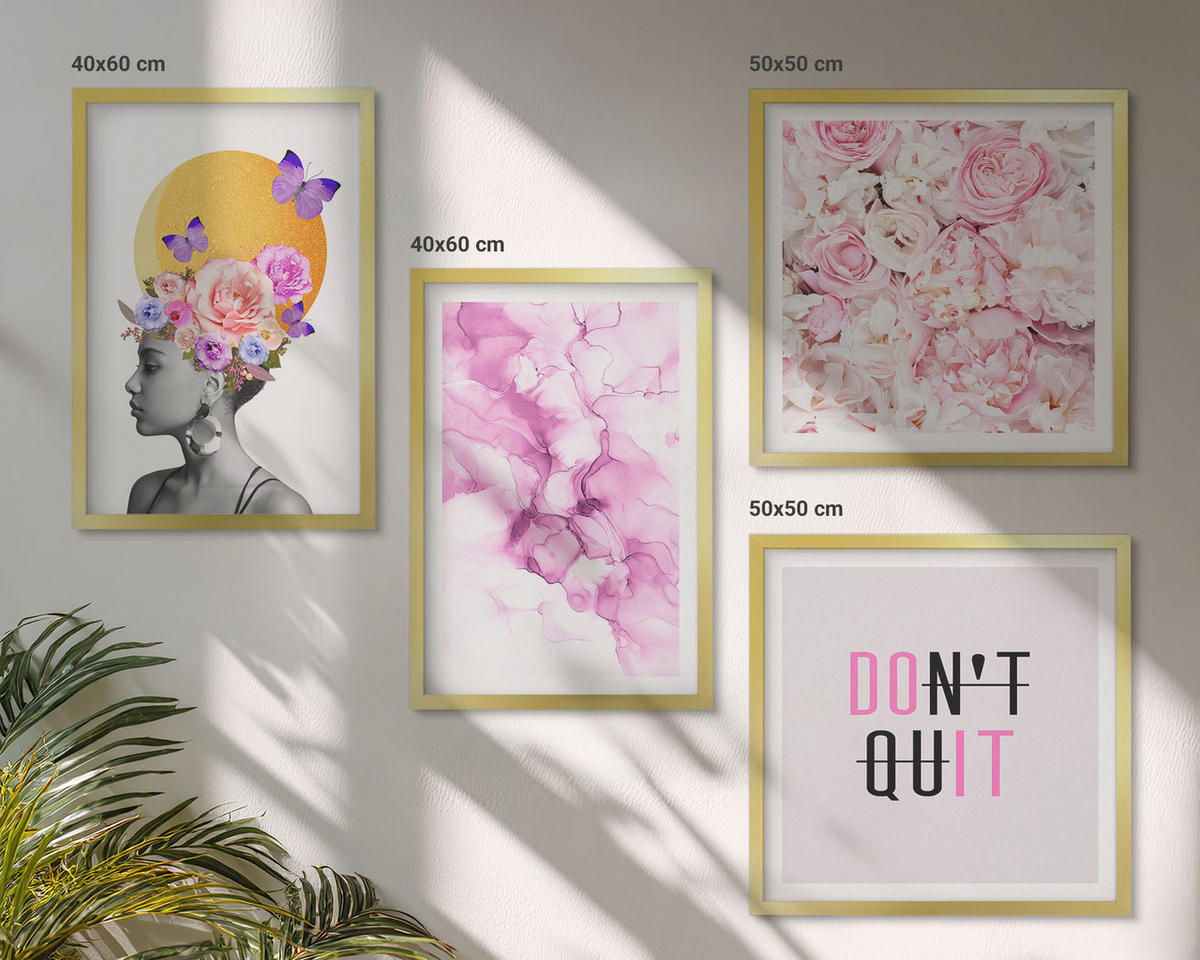 WANDBILDER 4er Set - 50x50 cm & 40x60 cm Goldrahmen - Abstraktes Blumenporträt einer Frau - Goldfarben, Kunststoff (50/50cm) - ArtPrintCave
