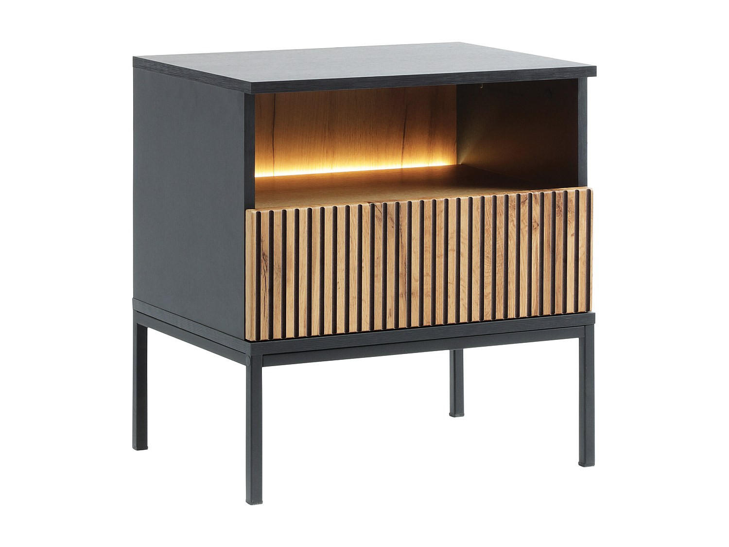 NACHTTISCH mit 1 Schublade & 1 Ablagefach - Mit LED-Beleuchtung - Schwarz und Holzfarben - OVILA - Schwarz, Holz (53.6/56.2/39cm) - Vente-Unique