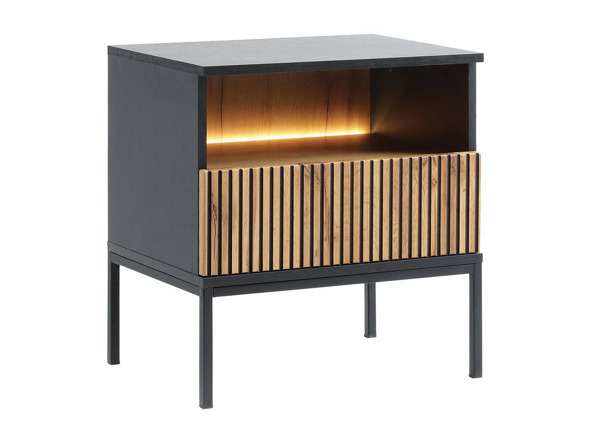 NACHTTISCH mit 1 Schublade & 1 Ablagefach - Mit LED-Beleuchtung - Schwarz und Holzfarben - OVILA - Schwarz, Holz (53.6/56.2/39cm) - Vente-Unique