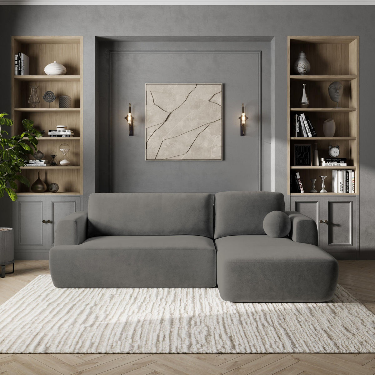 ROHOVÁ SEDAČKA SENTI šedá - šedá/černá, dřevo/textil (246/148cm) - MASSENO