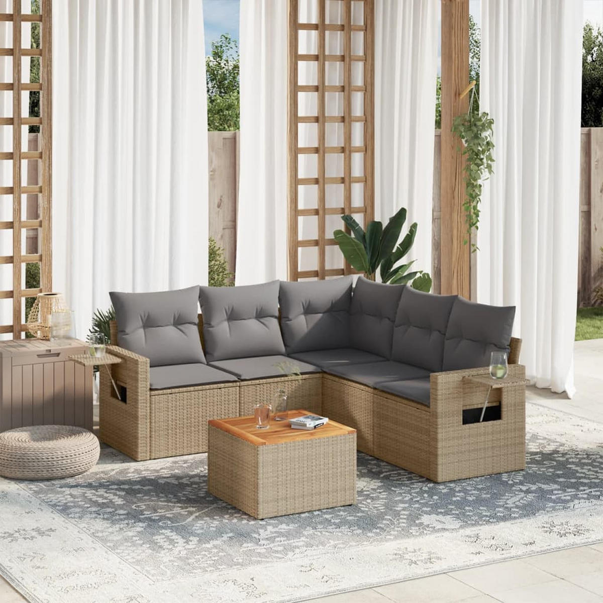 GARTEN-SOFAGARNITUR 6-TLG. Mit Kissen Beige Poly Rattan - Beige, Kunststoff - vidaXL