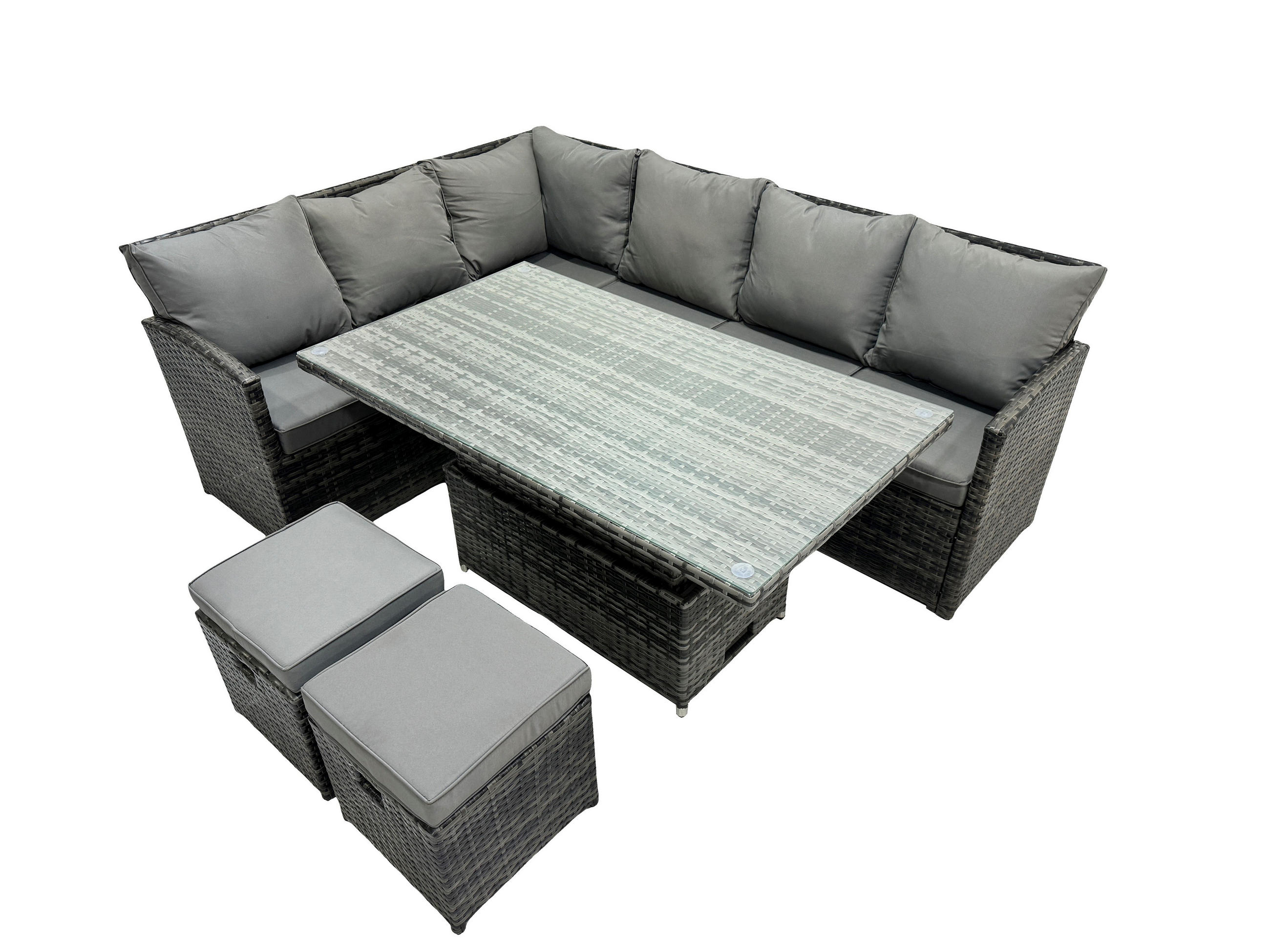 GARTENSET mit Höhenverstellbarer Tisch Polyrattan Dunkelgrau 8-Sitzer - Dunkelgrau/Grau, Glas/Kunststoff - Fimous