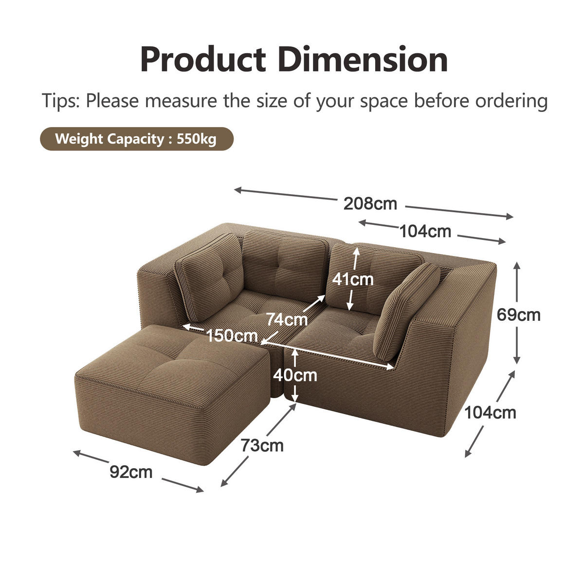 ECKSOFA 208/177/69 cm braun aus Cord mit modularem Design und beweglichem Hocker - Braun, Textil (177/208cm) - OKWISH