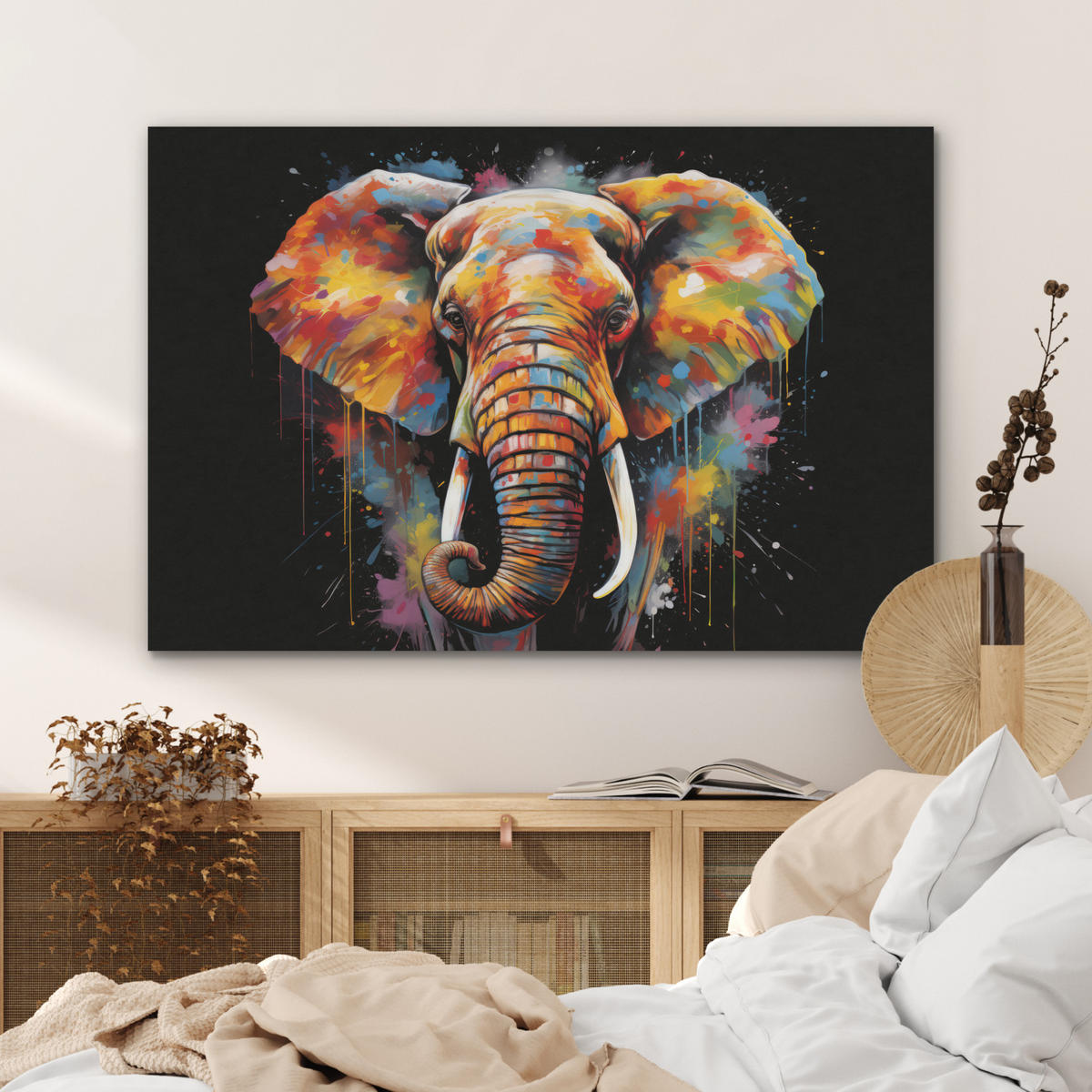 AKUSTIKPANEEL Elefant - Graffiti - Schwarz - Tiere - Farben 100x70 cm - Schwarz, Textil (100/0.9/70cm) - MuchoWow