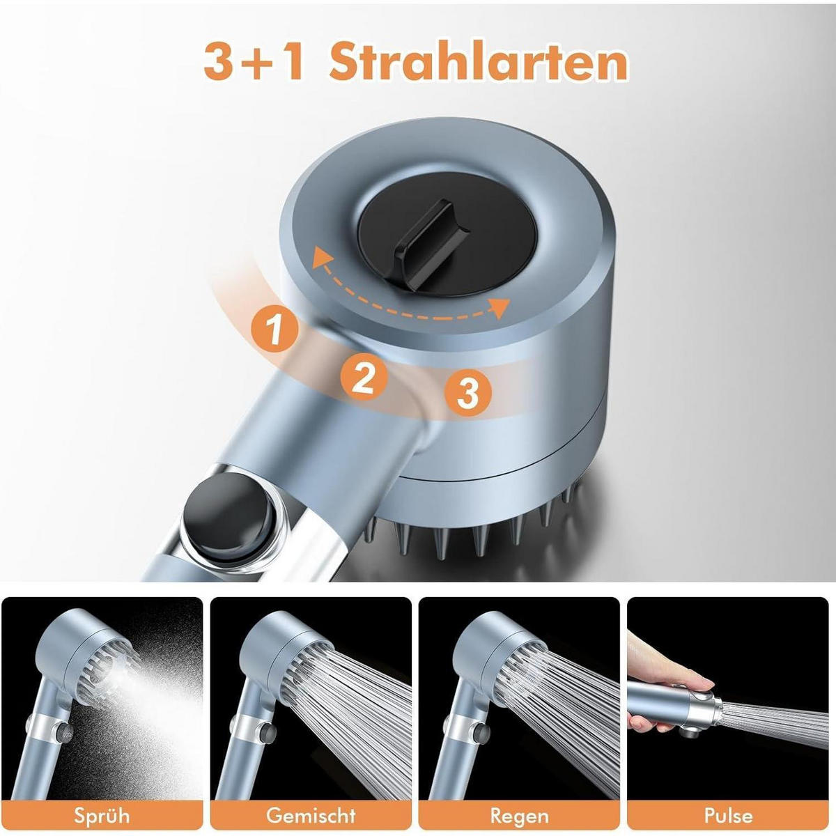 HANDBRAUSE mit 15-Schicht-Filter und 3+1 Strahlarten, Blau - Blau, Kunststoff (9/12.7/27cm)