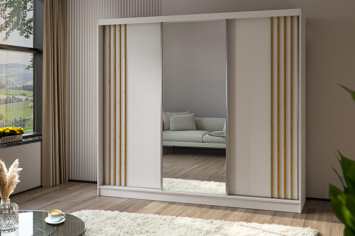 KLEIDERSCHRANK mit Spiegel-Schiebetüren und Aluminium-Leisten - NALLA - 240 cm Weiß+Weiß+Artisan - Weiß/Eiche Artisan, Holzwerkstoff (240/216/61cm) - ALTDECOR