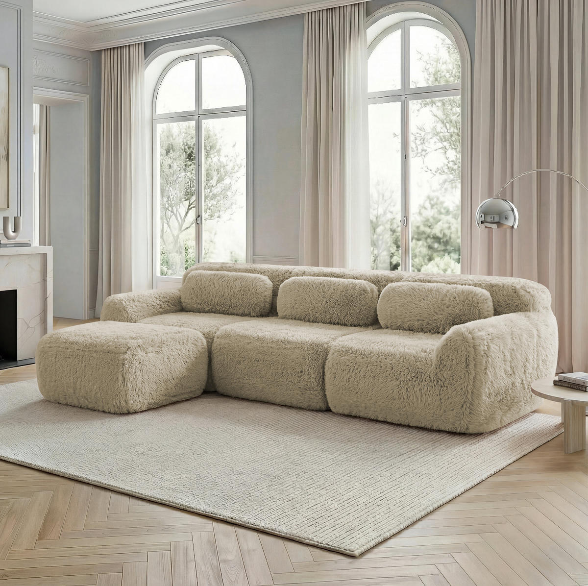 ECKSOFA 291/179/73 cm hellkhaki aus Plüschstoff rahmenlos modular mit Kissen - Beige, Textil (179/291cm) - OKWISH