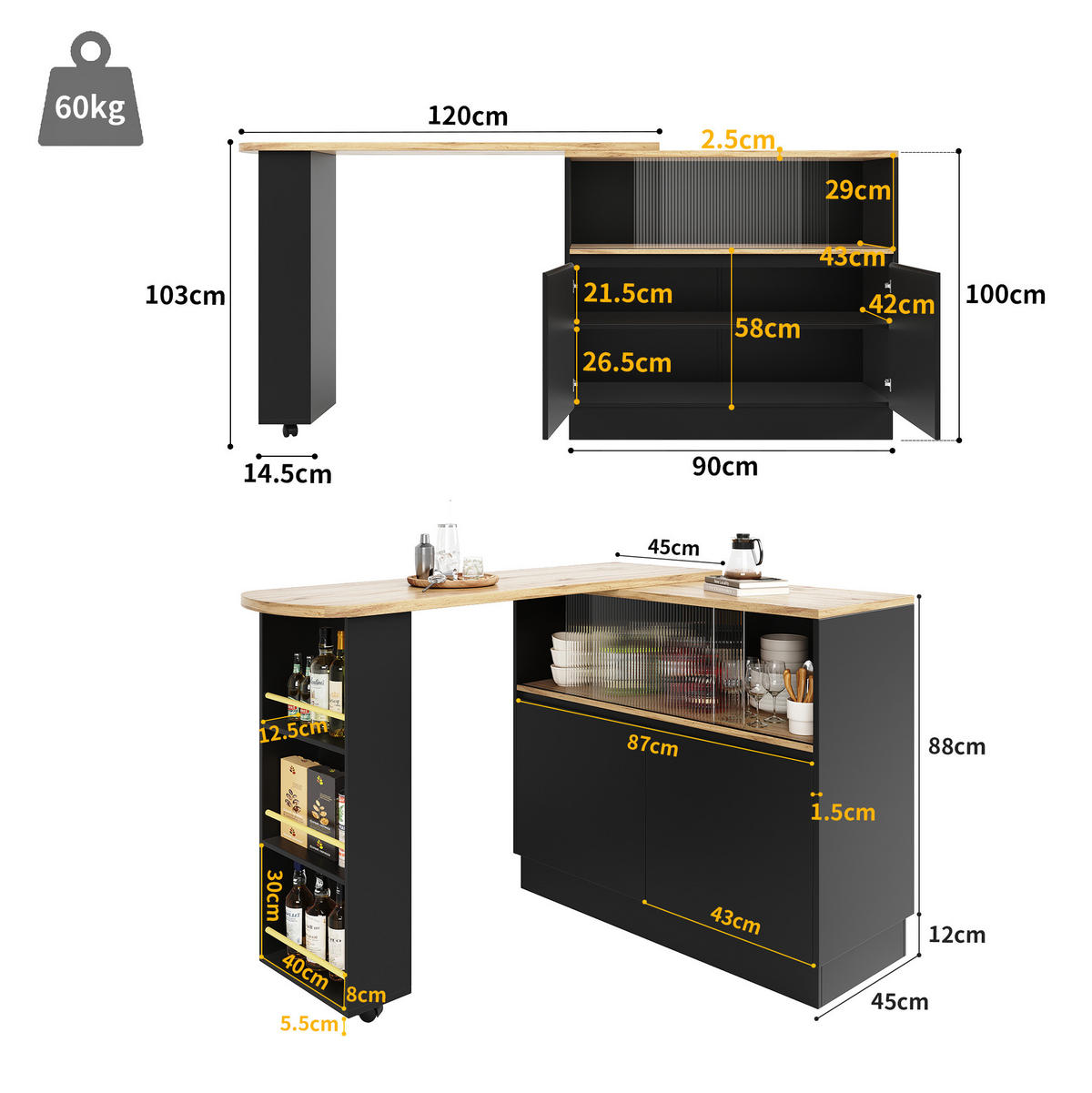 BAROVÁ skříňka 90/45/100 cm černá z MDF s 360° otočným designem a skleněnými dveřmi - černá, kompozitní dřevo (90/45/100cm) - OKWISH
