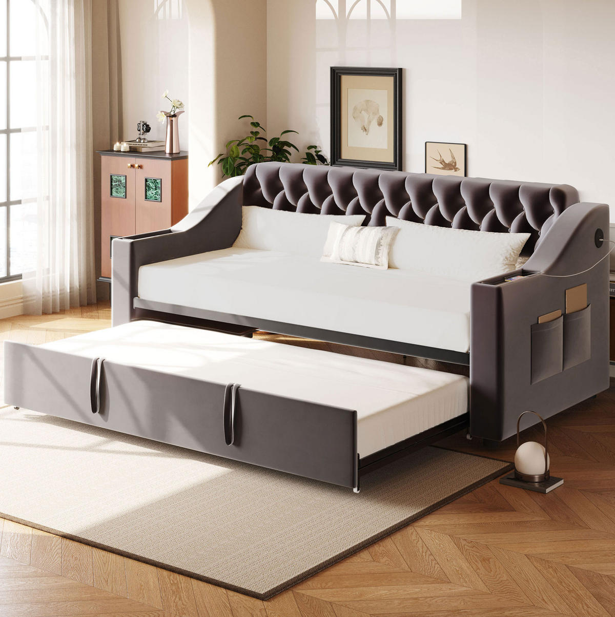 POLSTERBETT 90/190 cm aus Samt mit USB-Anschluss und ausziehbarer Liegefläche Grau - Dunkelgrau, Textil (90/190cm) - Modenvie