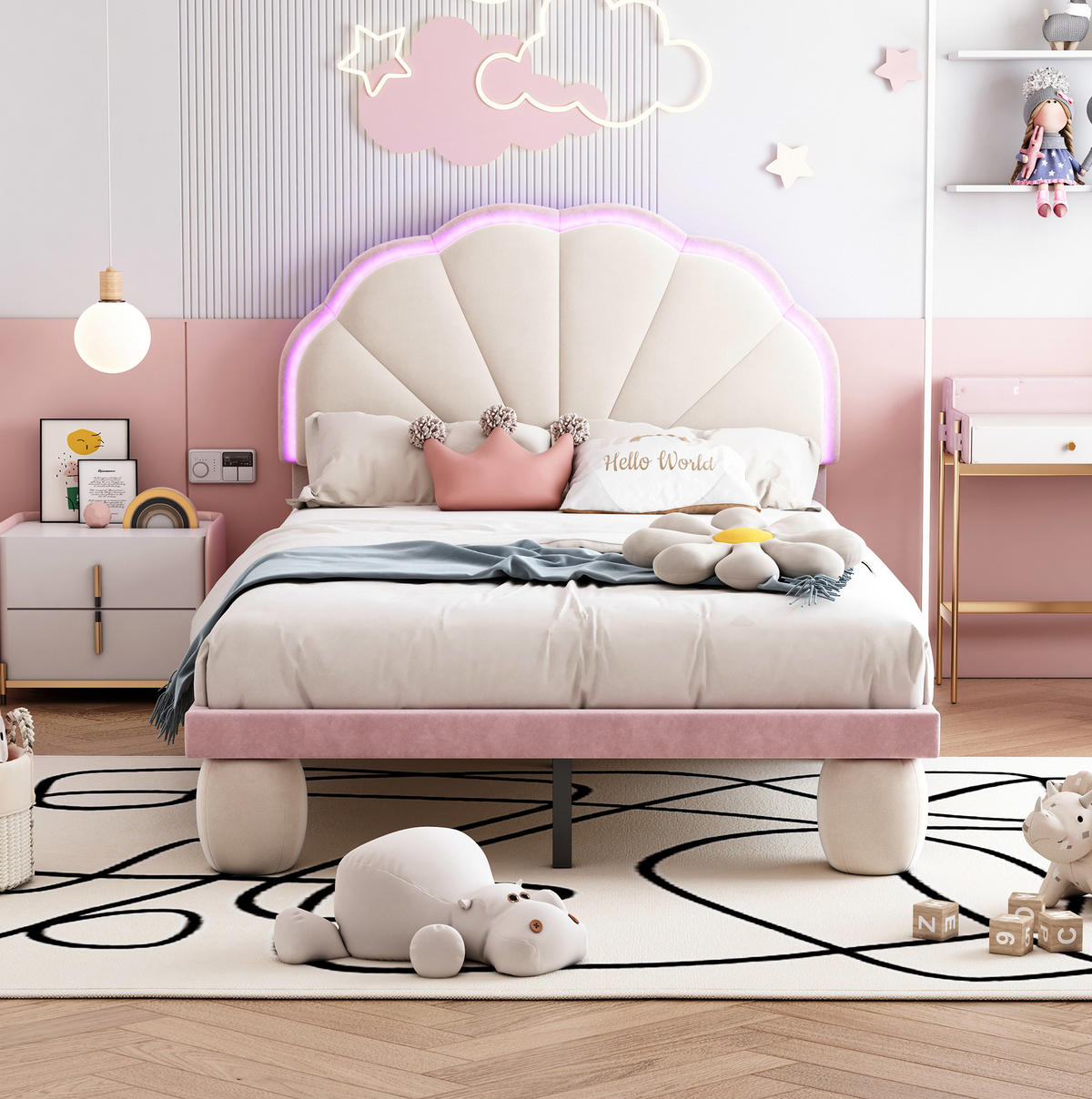 ČALÚNENÁ posteľ 90/200 cm béžová a ružová s LED osvetlením zo zamatu - biela, textil (90/200cm) - OKWISH