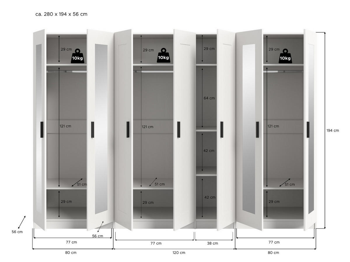 KLEIDERSCHRANK in weiß 280 x 194 cm skandinavisch, Wäscheschrank 7-türig mit Spiegel - Schwarz/Weiß, Glas/Holzwerkstoff (280/194/56cm) - Inn.Furn