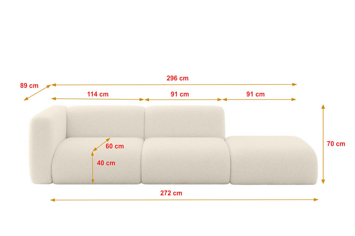 SOFA Ottomane Links MIRA-S3 296x89x70 Beige Bouclé - Kaschmir/Beige, Holzwerkstoff/Kunststoff (296/70/89cm) - ALTDECOR