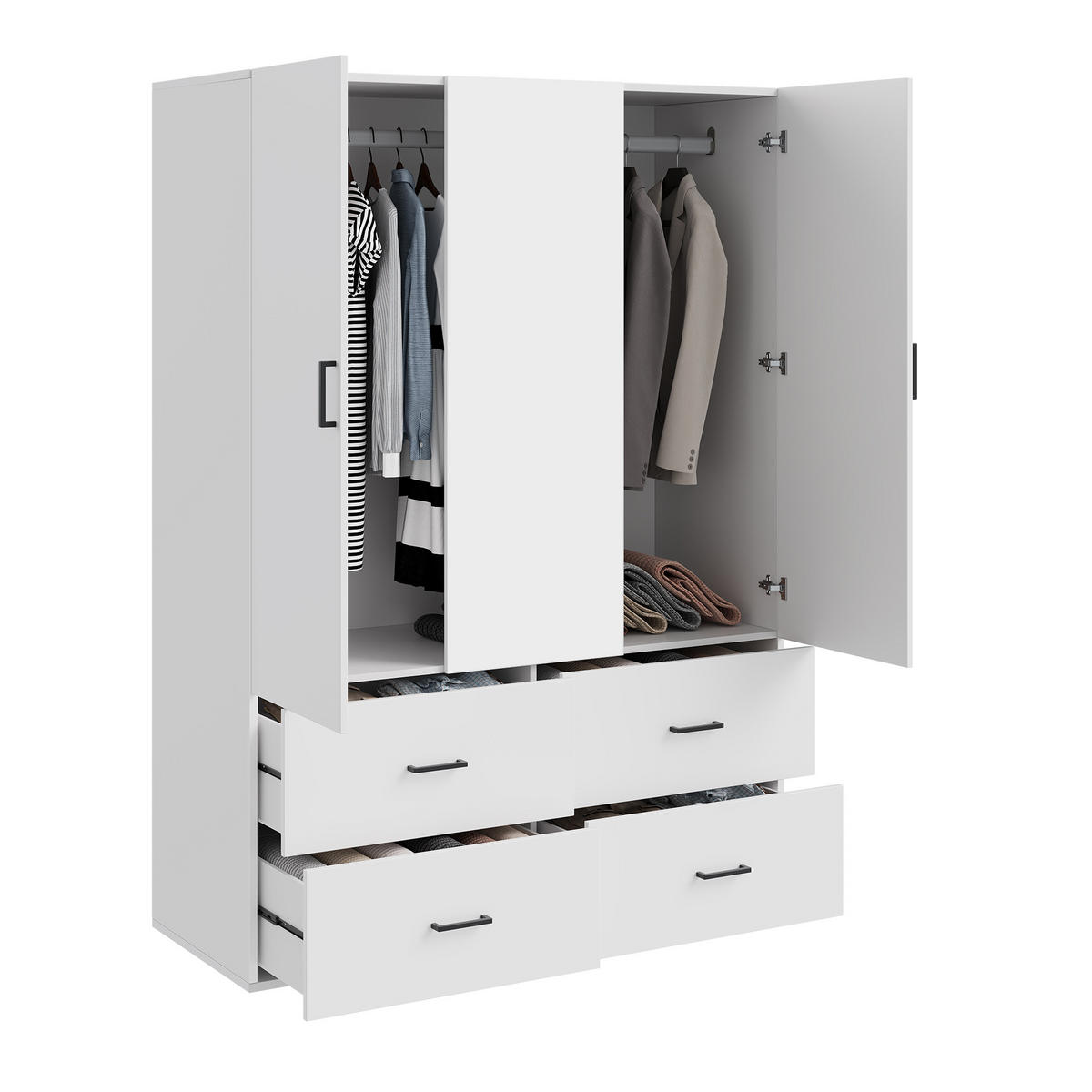 KLEIDERSCHRANK 3 Türen, Spiegel, 4 Schubladen, integrierte Kleiderstange, 130x51,8x181,5 cm, weiß - Weiß, Holz (130/181.5/51.8cm) - EuroLiving