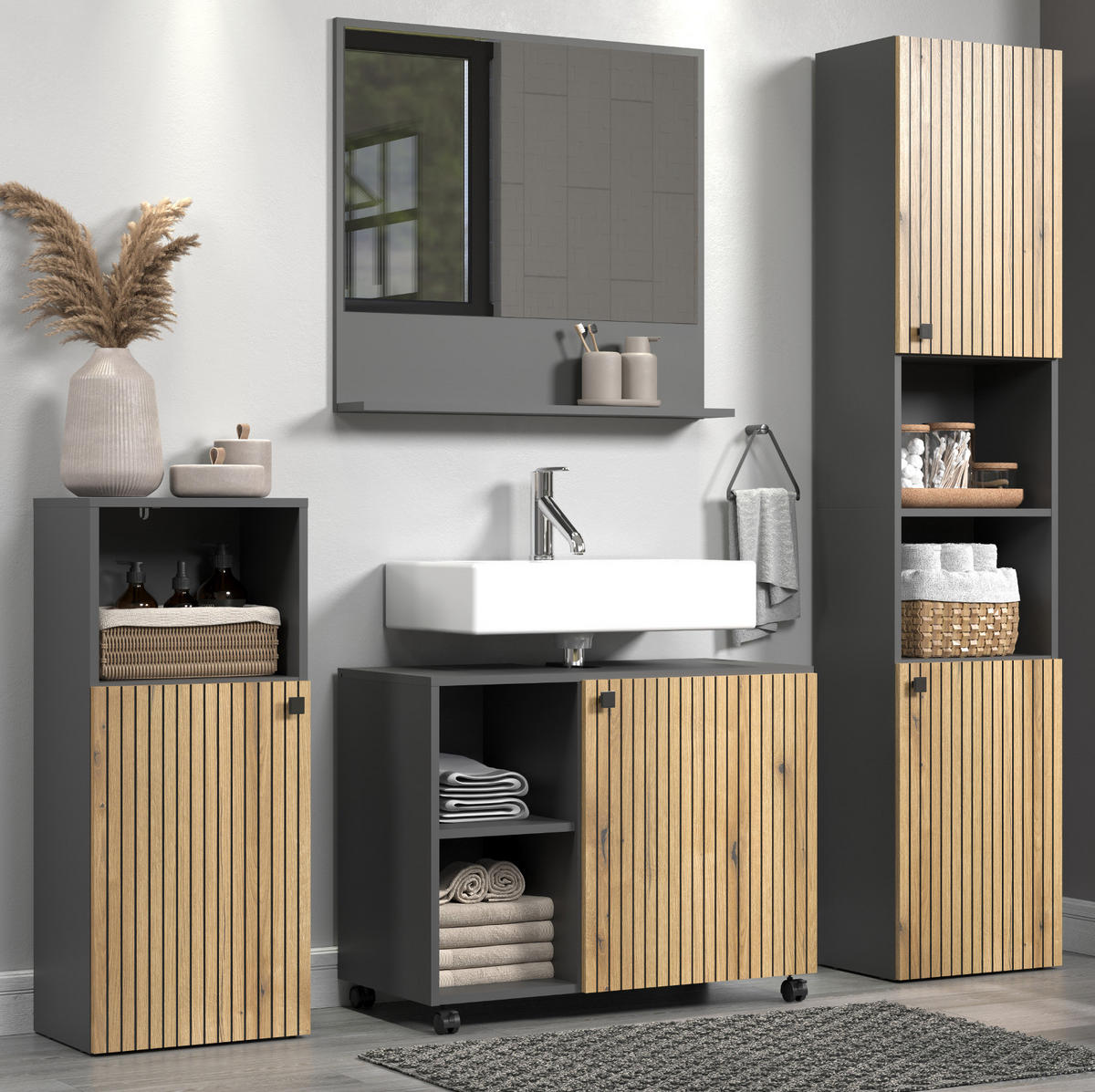 BADMÖBEL-SET Evoke Eiche, grau 180 x 186 cm 4-teilig, Badkombination in modernem Design - Eichefarben/Anthrazit, Holzwerkstoff/Metall (31/95/40cm) - Top.Furn