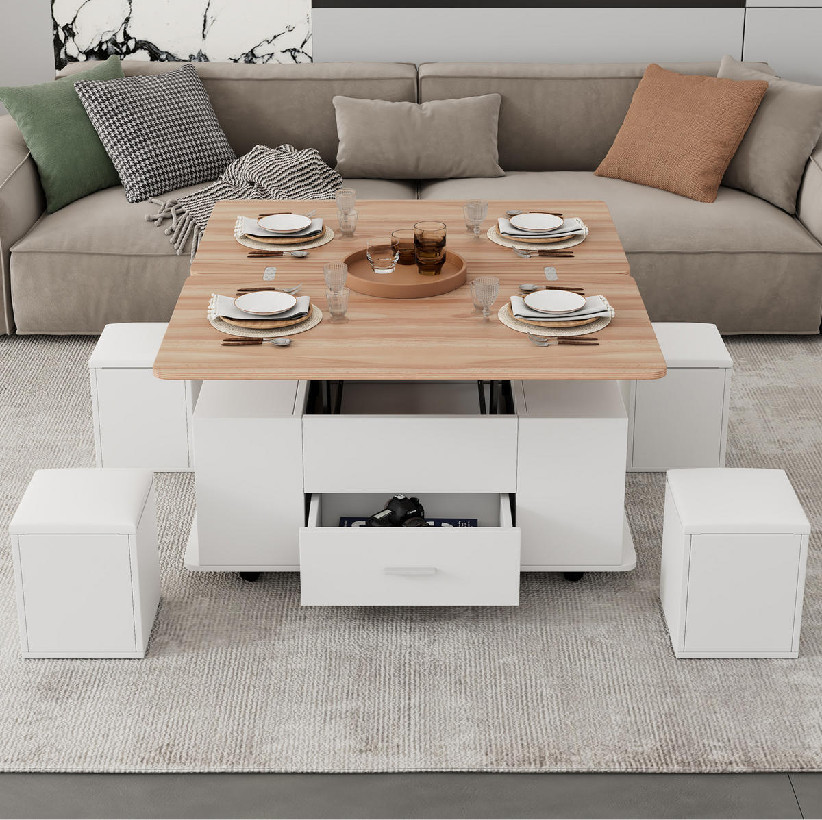 COUCHTISCH 100/50 cm höhenverstellbar mit Stauraum und 4 Hockern - Weiß, Holzwerkstoff (100/50/45cm) - Flora Grace