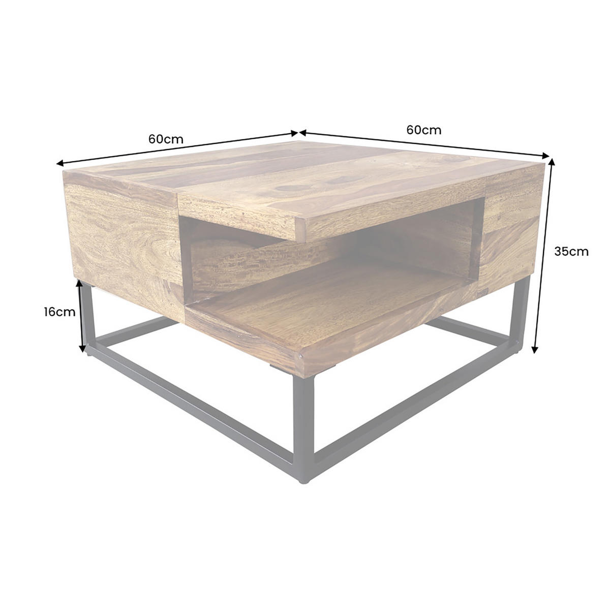 COUCHTISCH GIANT Sheesham quadratisch Natur 60cm - Schwarz/Braun, Holz/Metall (60/60/35cm) - riess-ambiente