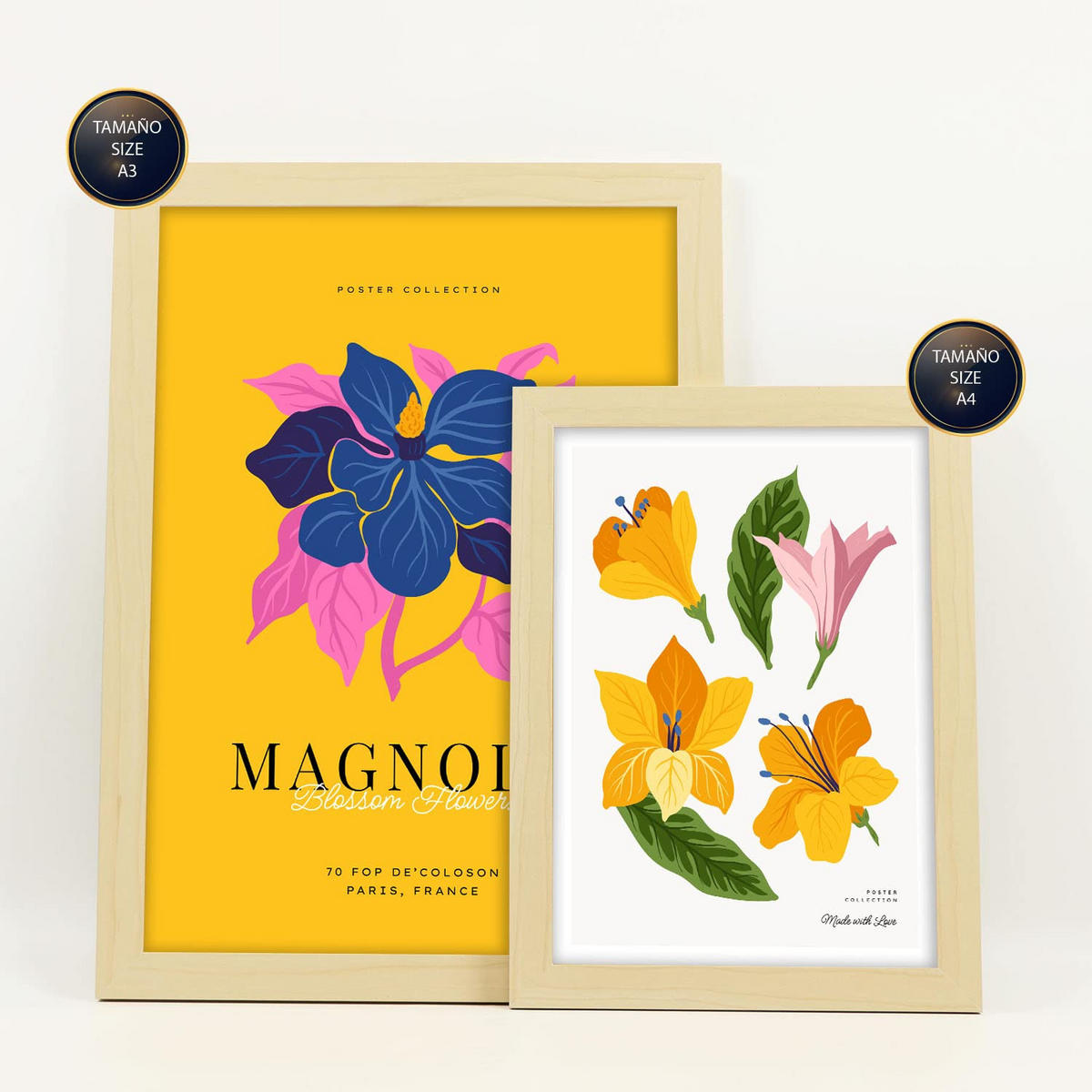 POSTER Set Mit 6 Blumen Magnolienblätter Natur Und Botanikdrucke Für Innenarchitektur A3 & A4 Rahmen Aus Hellem Holz - Beige, Papier (29/3cm) - Nacnic