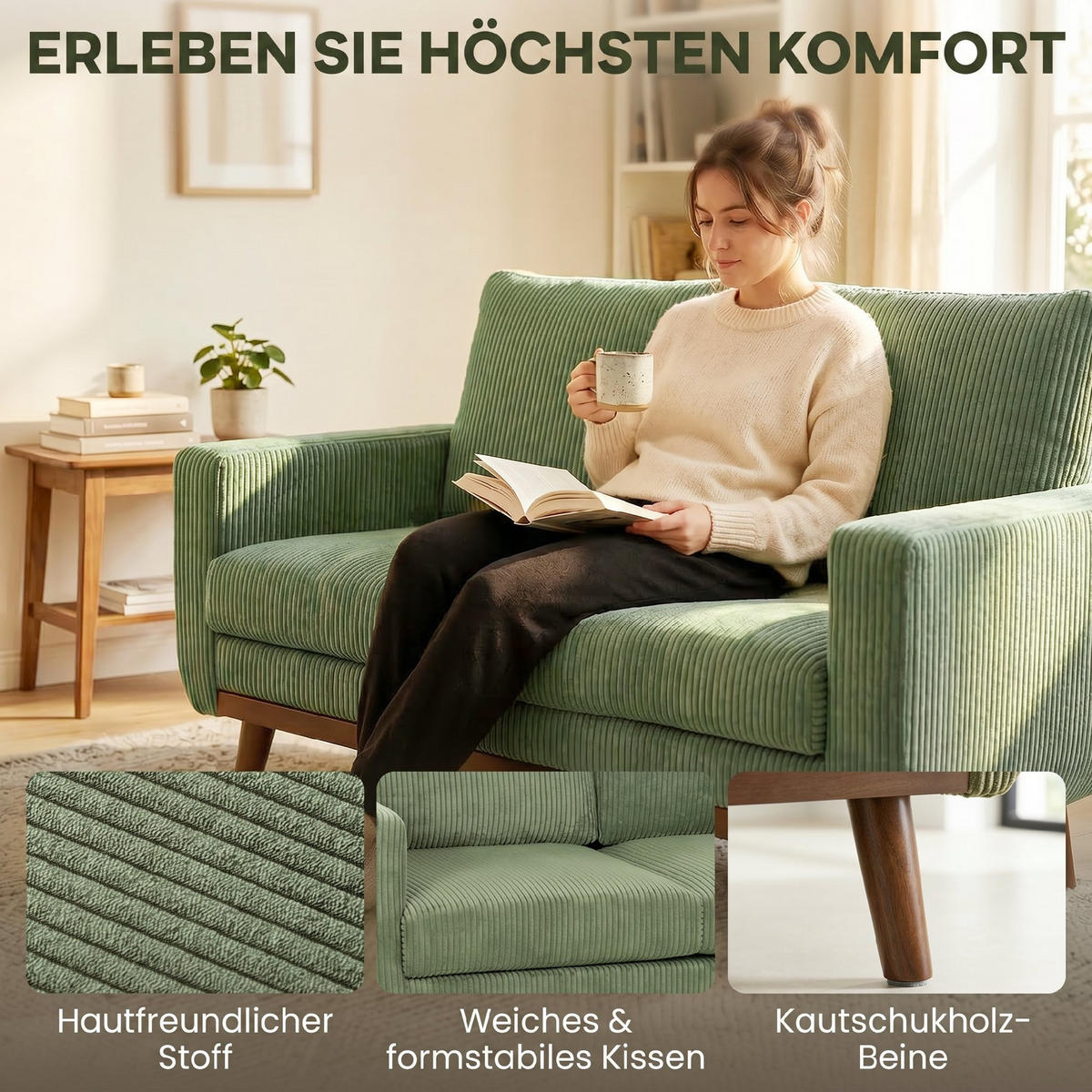 2-SITZER-SOFA Cord Grün - Naturfarben/Grün, Holz/Textil (74/84/134cm) - HOMCOM
