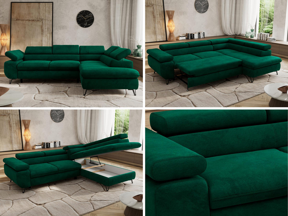 ECKSOFA PABLO L Dunkelgrün Velvet - Rechts Seite mit T25 Topper - Dunkelgrün/Schwarz, Textil/Metall (273/208cm) - MKS